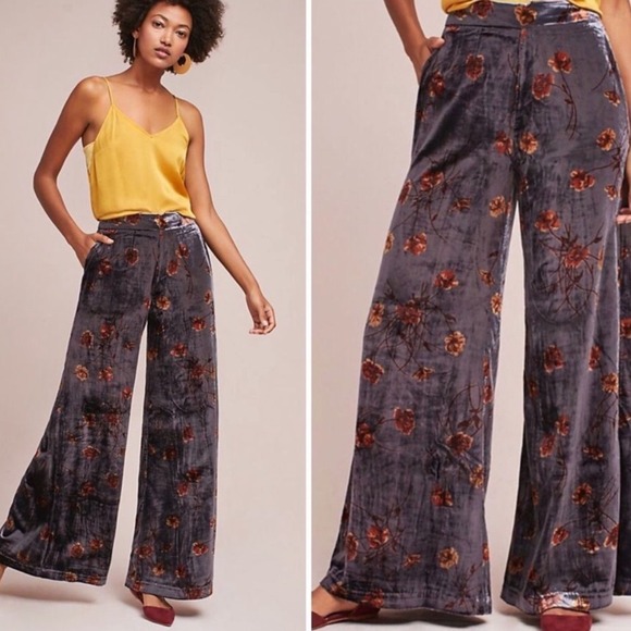 Anthropologie Pants - Anthropologie Ett Twa Velvet Floral Wide Leg Pants Grey Orange Large High Rise